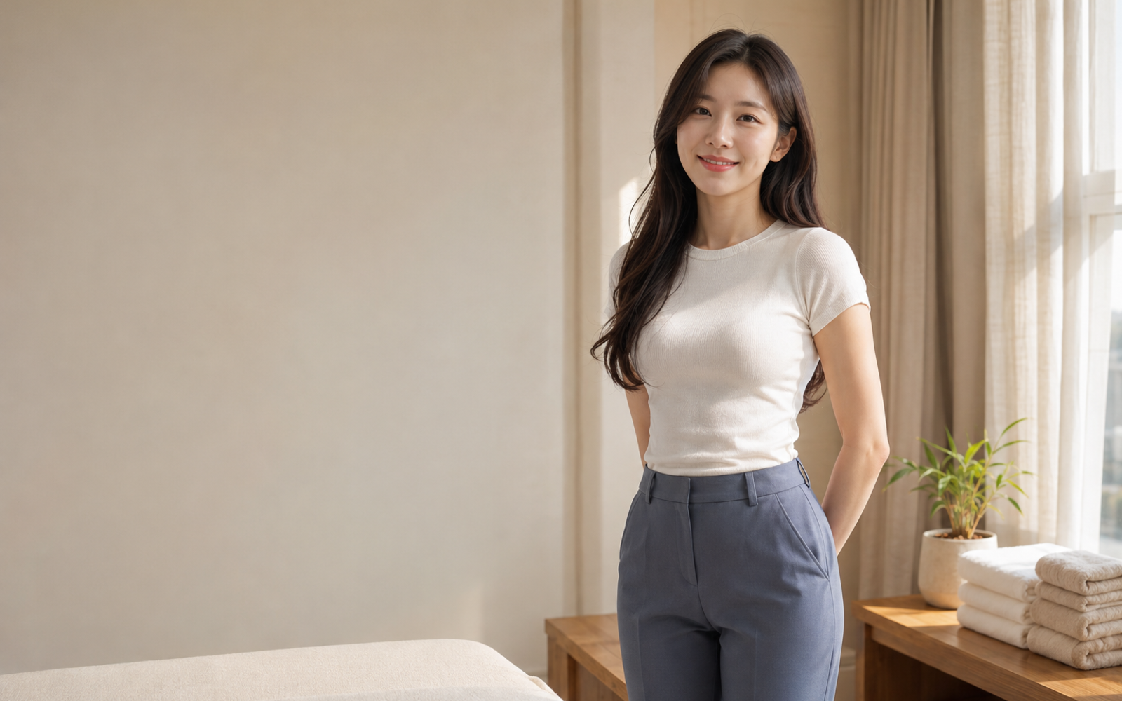 인천 청라 방문 홈케어를 안내하는 젊은 성인 한국 여성 관리사
